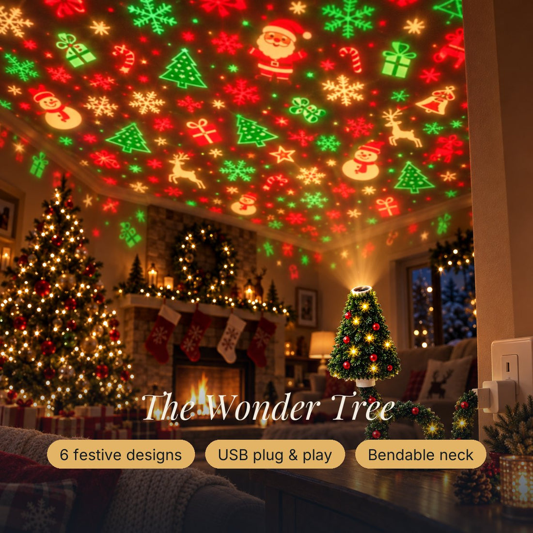The Vann Wonder Tree projecting Christmas designs on a living room ceiling